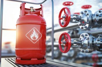 Production, delivery and filling with natural gas of lpg gas bottle or tank. 3d illustration